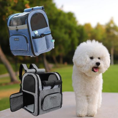 Bichon frisé blanc à côté d'un sac à dos pour chien bleu et un modèle gris ouvert Petskd.