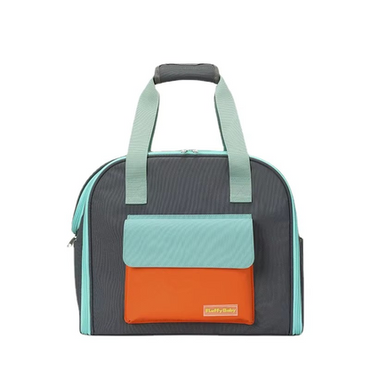 Sac a dos pour chien gris anthracite avec poche orange et bleu ciel, logo FluffyBaby.