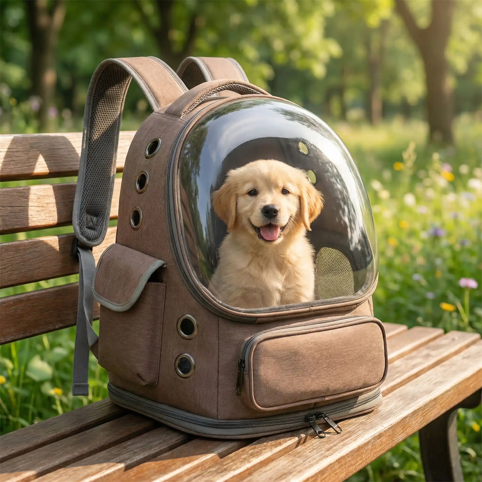 Chiot Golden Retriever souriant dans un sac à dos pour chien marron posé sur un banc.
