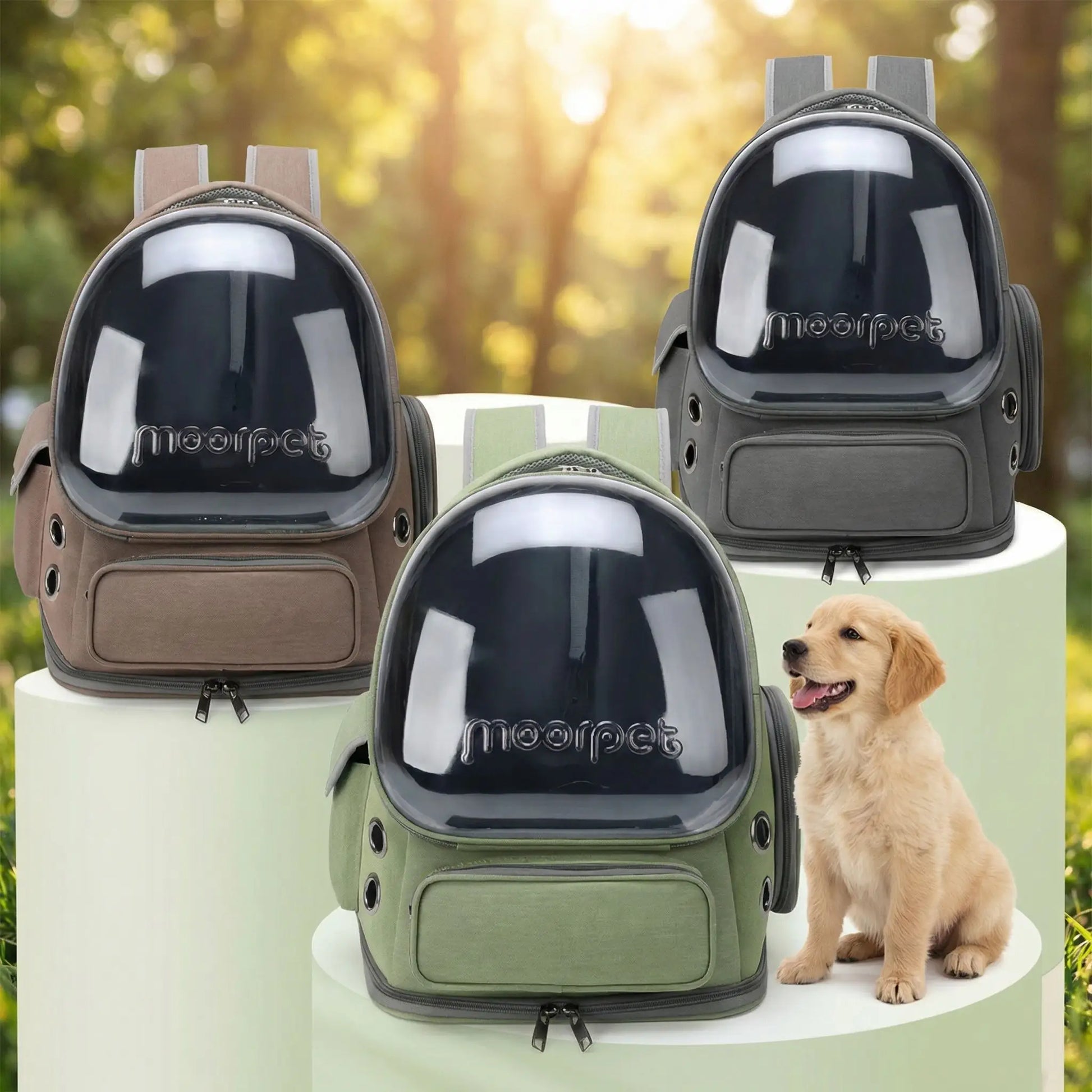 Trois modèles de sac à dos pour chien Moorpet (marron, vert, gris) et un chiot Golden Retriever.