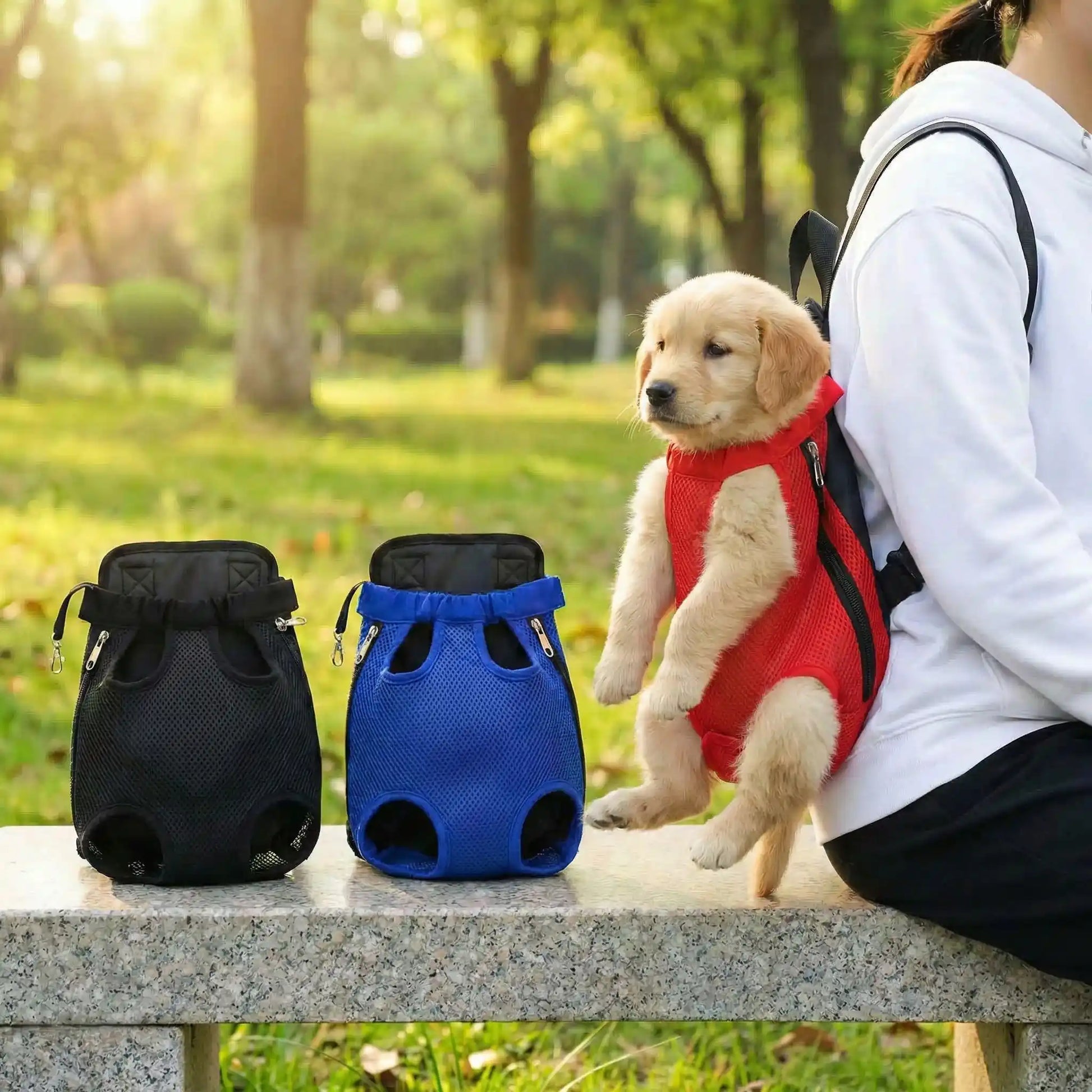 Sac de transport pour chien en maille respirante, disponible en rouge, bleu et noir sur un banc.