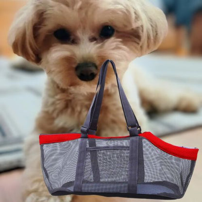 Sac de transport chien gris et rouge à filet ajouré devant un chiot de type Maltipoo.