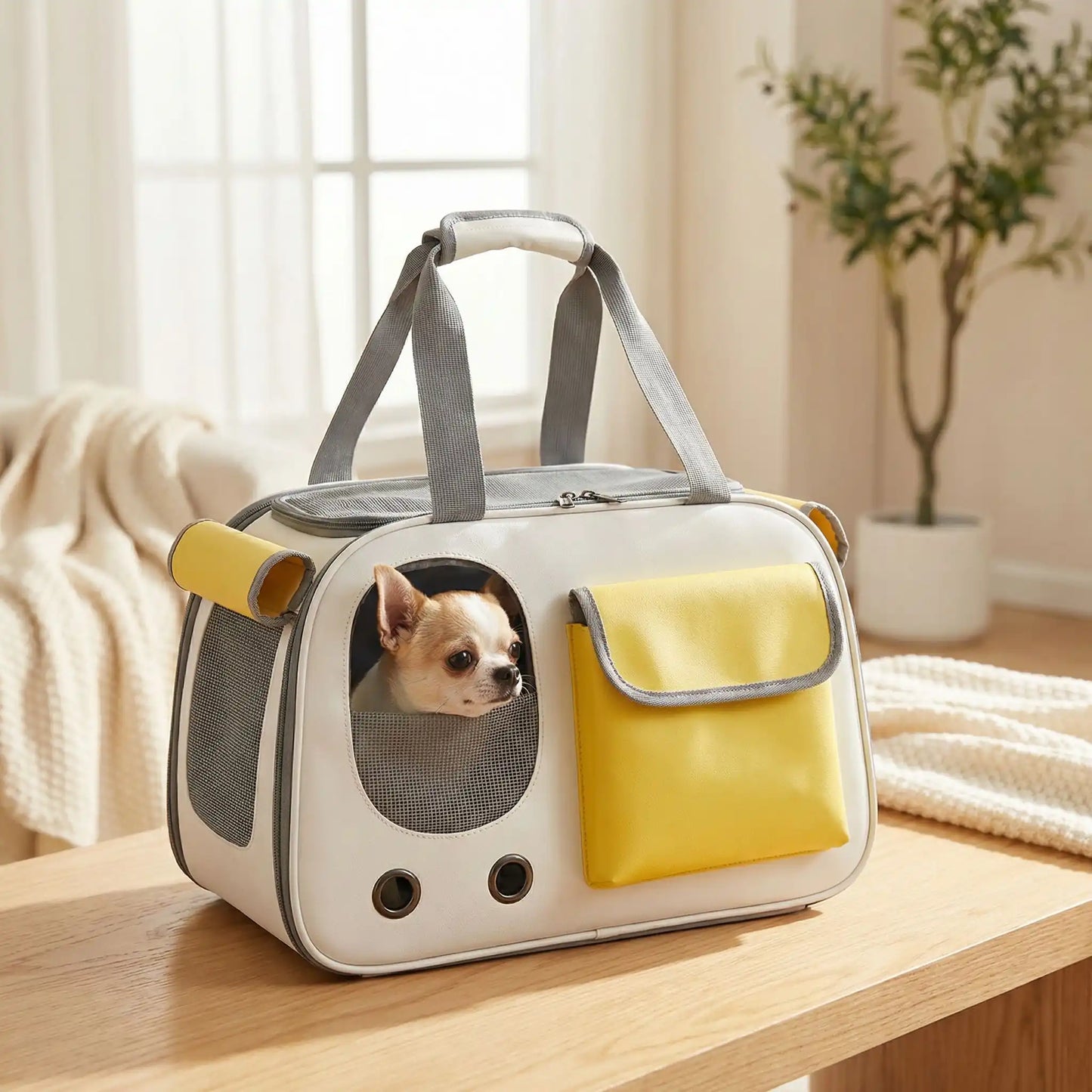 Chien Chihuahua regardant par la fenêtre d'un sac de transport chien jaune et blanc.