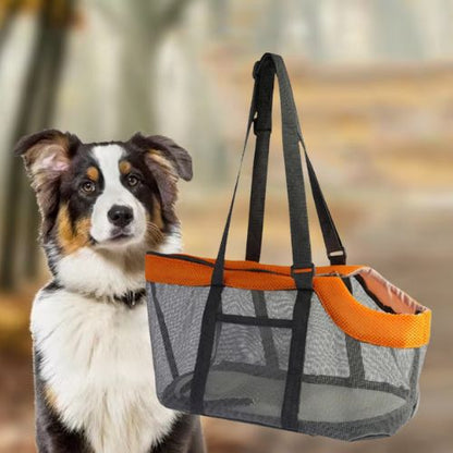 Sac de transport chien noir et orange à bandoulière avec un Berger Australien.