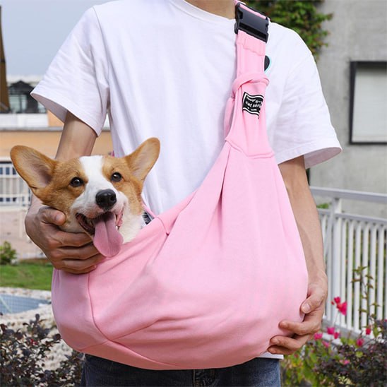 Petit chien Corgi dans un sac de transport chien rose pastel avec poche de rangement.