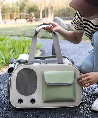 Main tenant la poignée d'un sac de transport chien vert posé au sol en extérieur.