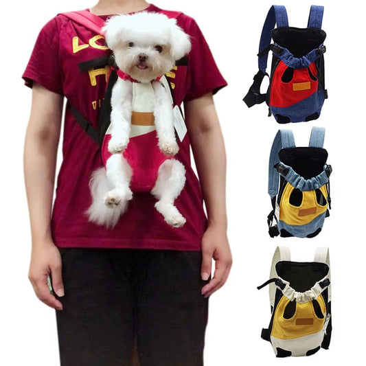 Petit chien blanc type Bichon dans un sac de transport pour chien avec variantes de couleurs.