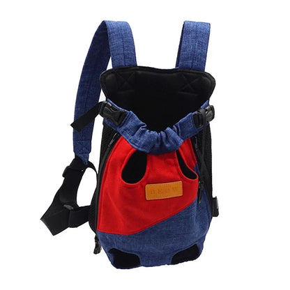 Sac de transport pour chien bleu et rouge avec logo en cuir Beow et sangles ajustables.