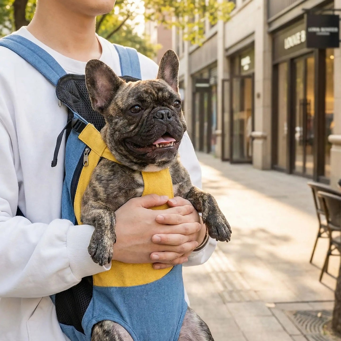 Bouledogue Français bringé dans un sac de transport pour chien jaune et bleu en ville.