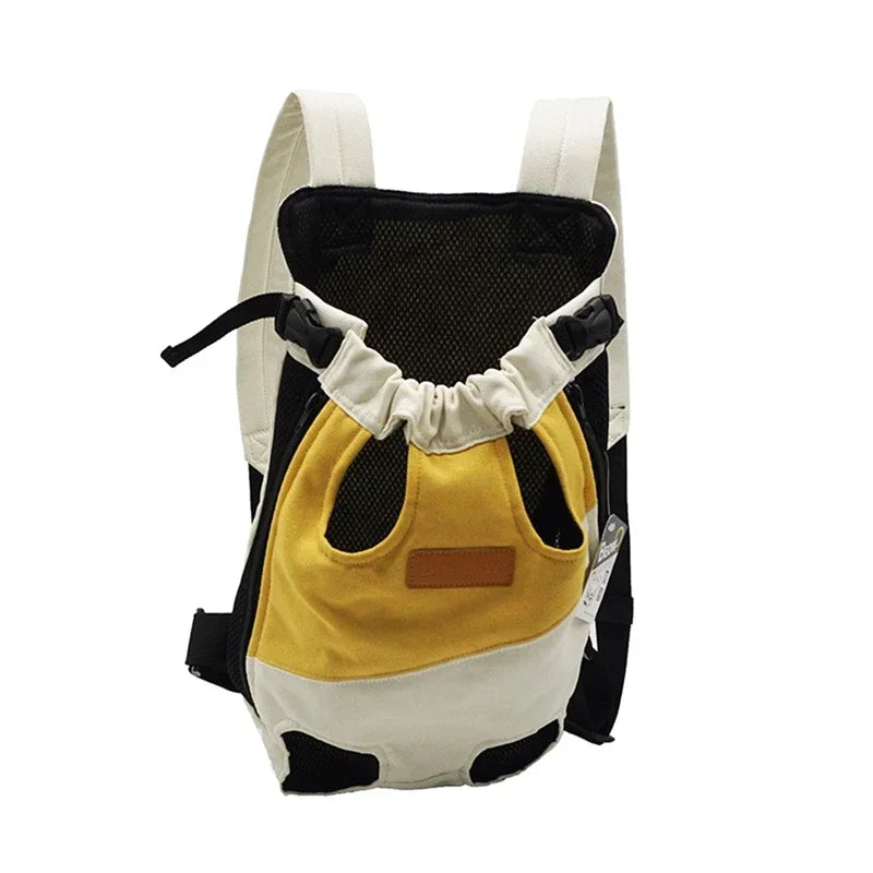 Sac de transport pour chien jaune et blanc avec étiquette Beow et dos en maille respirante.