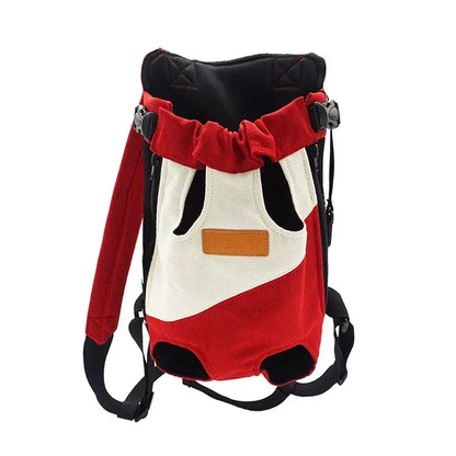 Sac de transport pour chien rouge et blanc avec empiècement central beige et logo Beow gravé.