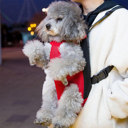 Sac de transport pour chien noir porté en ventral avec un caniche gris.