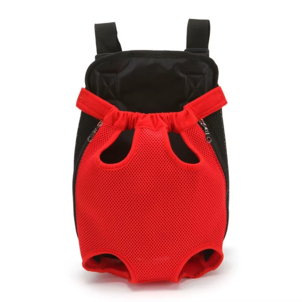 Sac de transport pour chien bicolore rouge et noir en tissu respirant.