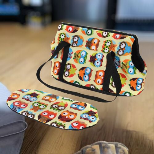 Sac de transport chien motif chouettes avec doublure en polaire beige et chien Golden Retriever.