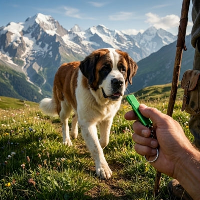 Chien Saint-Bernard en montagne face à une main tenant un sifflet ultrason pour chien vert.