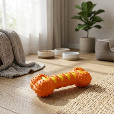 Jouet chien indestructible orange posé sur un parquet dans un salon lumineux.