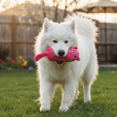 Chien Samoyède blanc dans un jardin tenant un jouet pour chien rose vif en forme de chat.