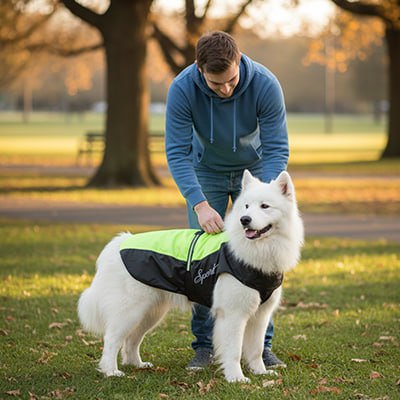 Un golden retriever porte un manteau imperméable pour chien jaune marqué "Sport" au parc.