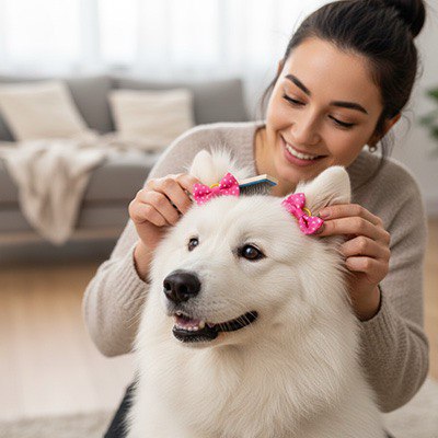 Femme brossant un Samoyède blanc qui porte deux colliers pour chien nœud papillon roses à pois.