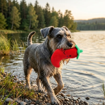 Schnauzer au bord d'un lac avec un jouet chien piment rouge souriant.