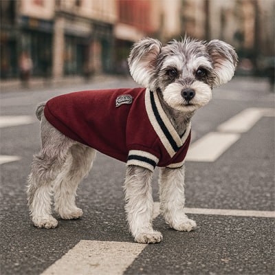 Schnauzer debout dans la rue, portant un pull pour chien bordeaux avec un petit écusson.
