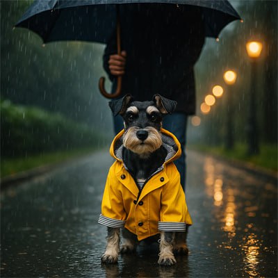 Schnauzer avec un imperméable pour chien jaune, sous un parapluie noir par temps de pluie.