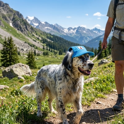 Setter anglais portant une casquette chien bleue en randonnée à la montagne.