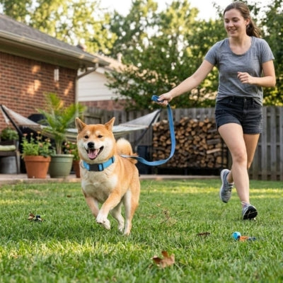 Shiba Inu courant dans un jardin avec un collier pour chien et une laisse bleus.