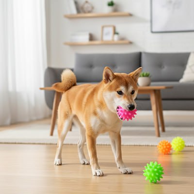 Shiba Inu debout dans un salon tenant une balle pour chien rose à picots.