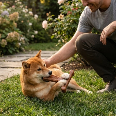 Shiba Inu au jardin mâchant son jouet pour chien indestructible près de son maître.