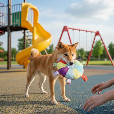Shiba Inu tient le jouet pour chien coloré au parc, une main s'avance.