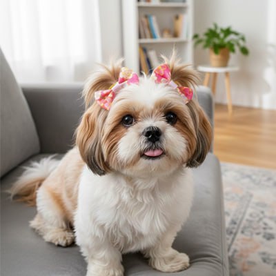 Shih Tzu assis sur un canapé gris avec deux noeuds papillon chien roses à motifs.