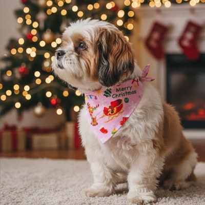 Shih Tzu avec bandana pour chien rose "Merry Christmas" illustré d'un renne et d'un traîneau.