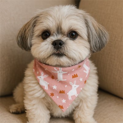 Petit Shih Tzu assis sur un canapé portant un bandana chien rose à motifs de lapins blancs.