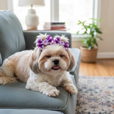 Shih Tzu sur canapé bleu-gris portant deux noeud papillon chien violets à carreaux.