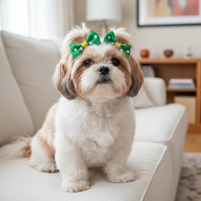 Shih Tzu assis sur un canapé beige avec un noeud papillon chien vert à pois blancs.