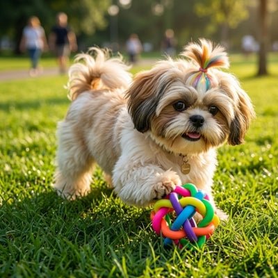 Petit Shih Tzu avec une couette colorée devant sa balle pour chien arc-en-ciel dans l'herbe.