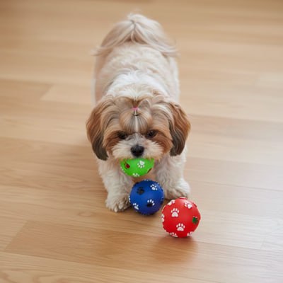Shih Tzu avec une couette rose tenant une balle pour chien verte à motifs de pattes.