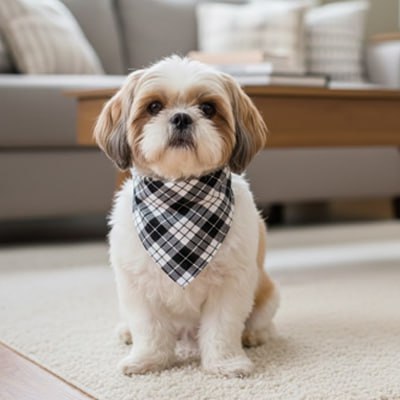 Petit chien Shih Tzu assis avec un bandana pour chien à motifs carreaux noir et blanc.