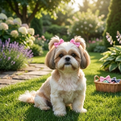 Chien Shih Tzu dans un jardin avec deux nœuds roses et un panier d'accessoires à côté.