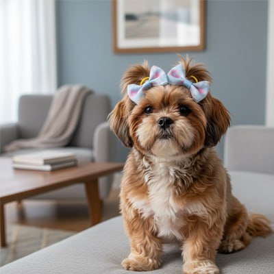 Shih Tzu marron assis portant un double noeud papillon chien bleu à pois, dans un salon.