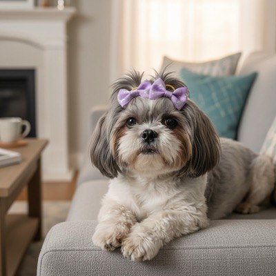Shih Tzu sur un canapé avec un collier noeud papillon pour chien violet à motifs dorés.