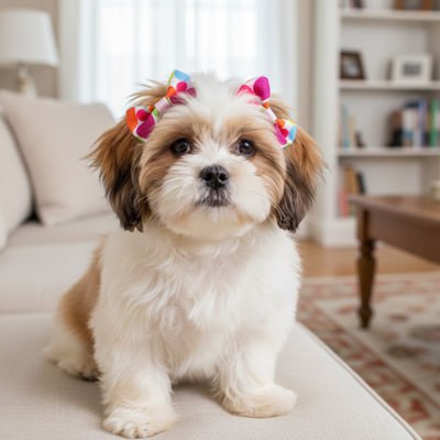Shih Tzu blanc et marron portant un double noeud papillon chien multicolore, dans un salon.
