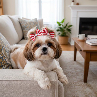 Shih Tzu bicolore portant un double collier noeud papillon pour chien à rayures rouges et blanches.
