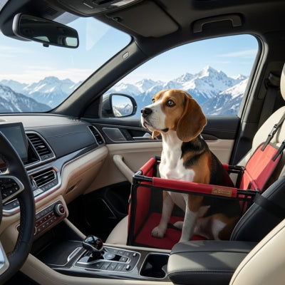Chien Beagle assis dans un siege auto chien rouge, vue sur des montagnes enneigées.
