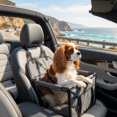 Chien Cavalier King Charles dans un siege auto chien gris, voiture cabriolet en bord de mer.
