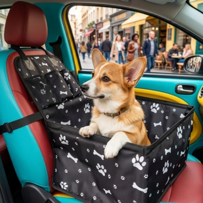 Chien Corgi curieux dans son siege auto chien lors d'une balade en ville dans une voiture colorée.