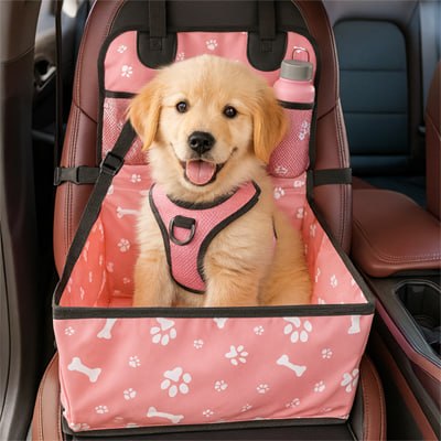 Chiot Golden Retriever avec harnais rose assis dans son siege auto chien à motifs.