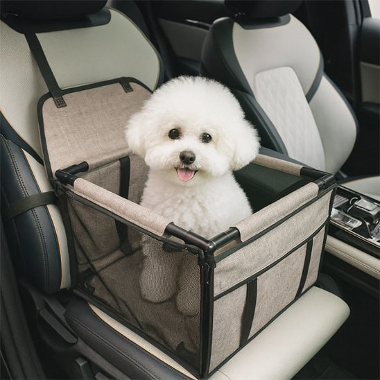 Chien Bichon Frisé blanc assis dans un siege auto chien gris chiné, intérieur de voiture.