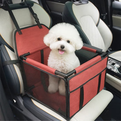 Petit chien Bichon Frisé blanc souriant dans un siege auto chien rouge en voiture.